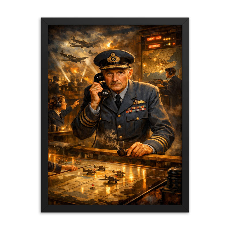 Hugh Dowding in RAF operations room framed print on a plain backdrop in size 18