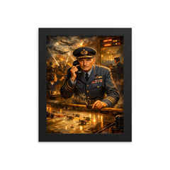 Hugh Dowding in RAF operations room framed print on a plain backdrop in size 8"x10".