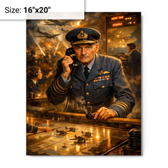 Hugh Dowding in RAF operations room metal print on a plain backdrop in size 16"x20".