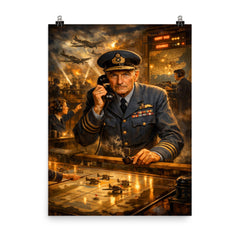 Hugh Dowding in RAF operations room poster on a plain backdrop in size 8"x10".