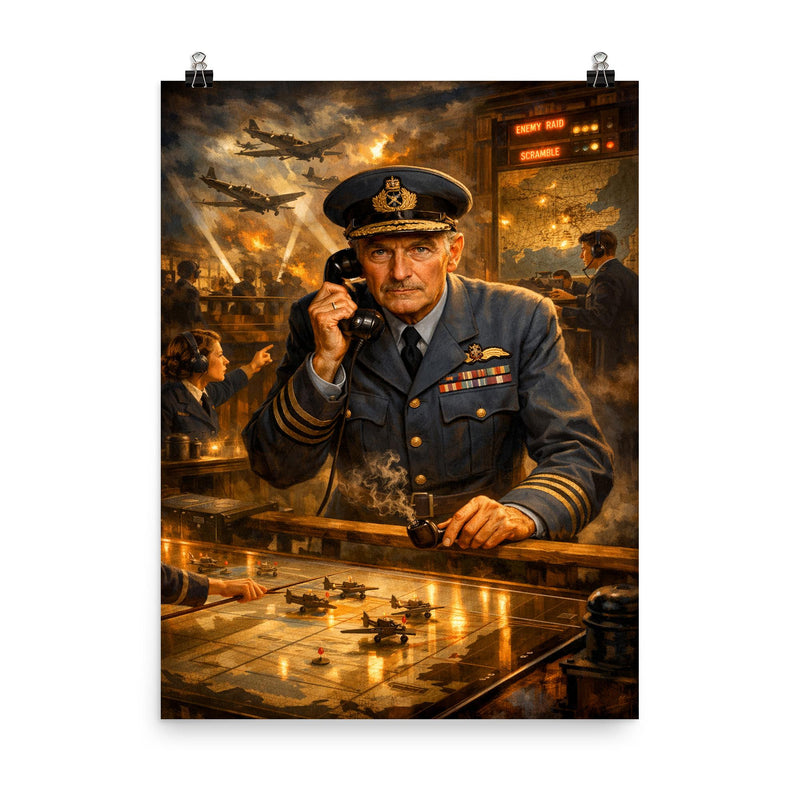 Hugh Dowding in RAF operations room poster on a plain backdrop in size 8