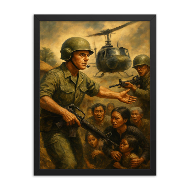 Hugh Thompson Jr intervening at My Lai framed print on a plain backdrop in size 18