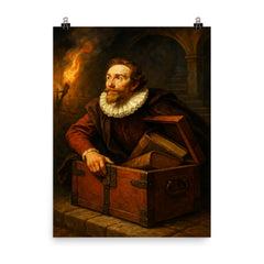 Hugo Grotius escaping in a book chest poster on a plain backdrop in size 8"x10".