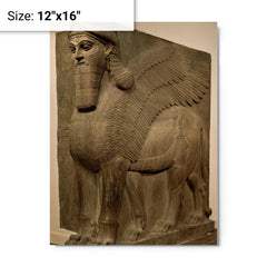 Human-headed winged lion (lamassu) metal print on a plain backdrop in size 12"x16".