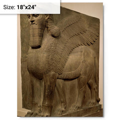 Human-headed winged lion (lamassu) metal print on a plain backdrop in size 18"x24".