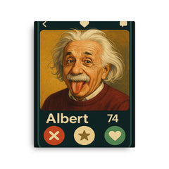 Humorous dating app profile of Albert Einstein canvas print on a plain backdrop in size 16"x20".