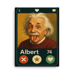 Humorous dating app profile of Albert Einstein canvas print on a plain backdrop in size 18"x24".