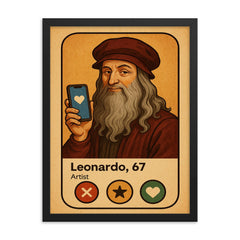 Humorous dating app profile of Leonardo da Vinci framed print on a plain backdrop in size 18"x24".