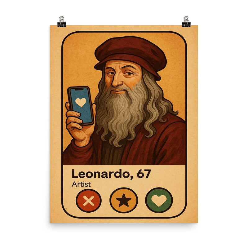 Humorous dating app profile of Leonardo da Vinci poster on a plain backdrop in size 8