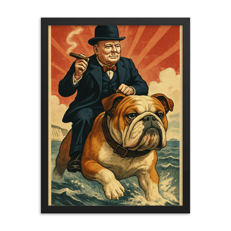 Humorous vintage propaganda image of Winston Churchill riding a giant bulldog across the English Channel framed print on a plain backdrop in size 18
