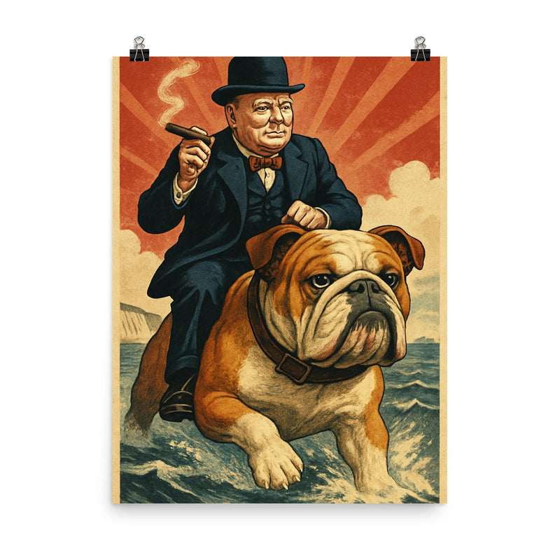 Humorous vintage propaganda image of Winston Churchill riding a giant bulldog across the English Channel poster on a plain backdrop in size 8