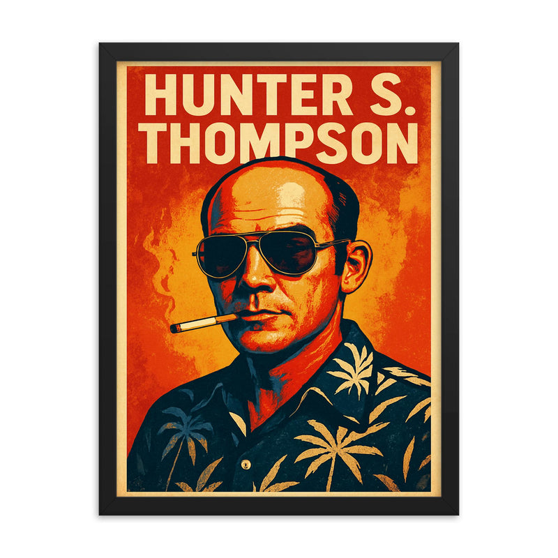 Hunter S Thompson framed print on a plain backdrop in size 18