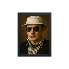 Hunter S Thompson fully photorealistic portrait in his iconic glasses and hat framed print on a plain backdrop in size 12"x16".
