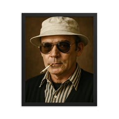Hunter S Thompson fully photorealistic portrait in his iconic glasses and hat framed print on a plain backdrop in size 16"x20".