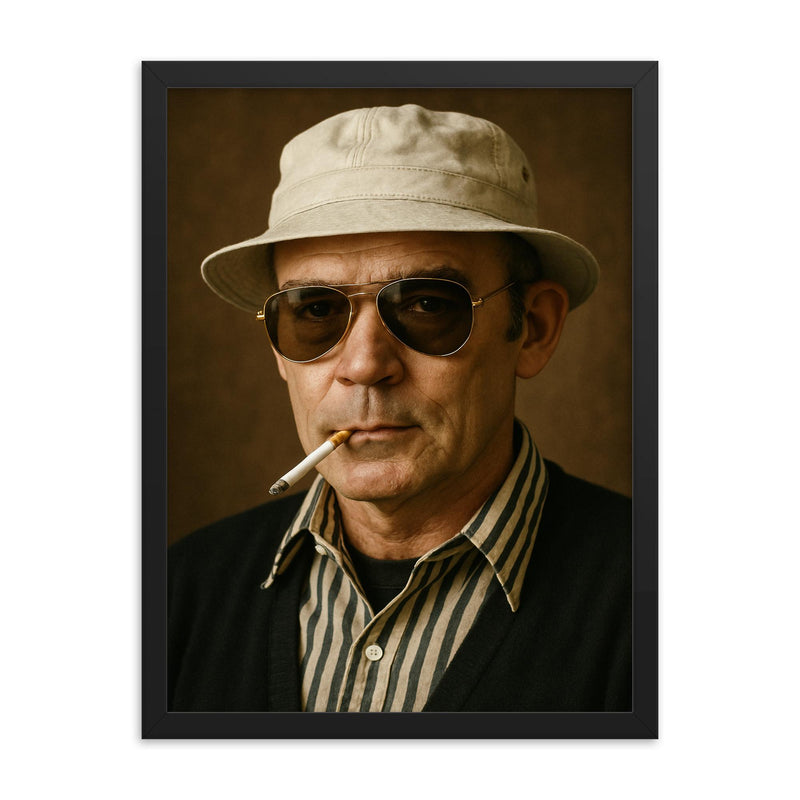 Hunter S Thompson fully photorealistic portrait in his iconic glasses and hat framed print on a plain backdrop in size 18