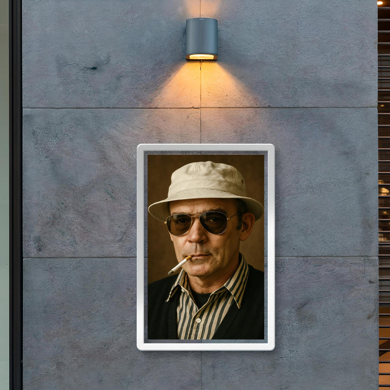 Hunter S Thompson fully photorealistic portrait in his iconic glasses and hat poster 2