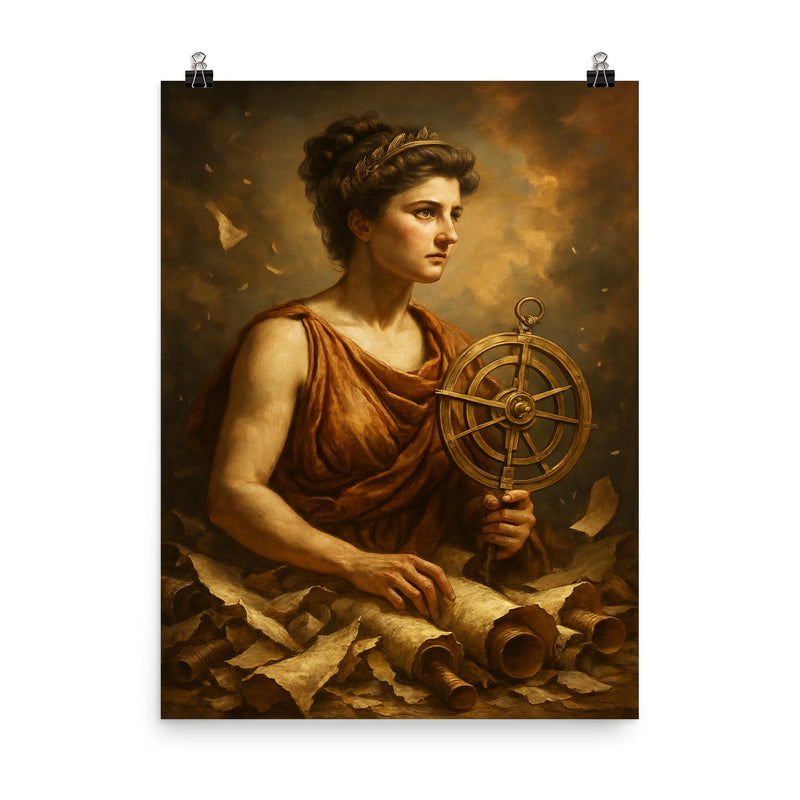 Hypatia amid shattered scrolls and astrolabe poster on a plain backdrop in size 8