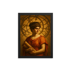 Hypatia beneath Alexandria astrolabe shadows framed print on a plain backdrop in size 12"x16".