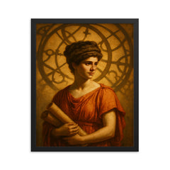 Hypatia beneath Alexandria astrolabe shadows framed print on a plain backdrop in size 16"x20".