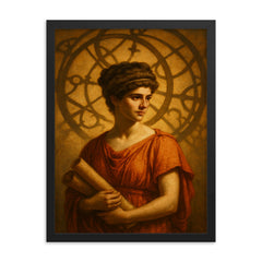 Hypatia beneath Alexandria astrolabe shadows framed print on a plain backdrop in size 18"x24".