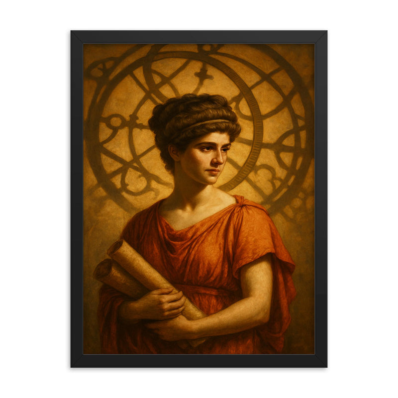 Hypatia beneath Alexandria astrolabe shadows framed print on a plain backdrop in size 18