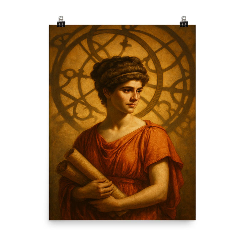 Hypatia beneath Alexandria astrolabe shadows poster on a plain backdrop in size 8