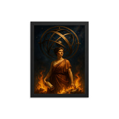 Hypatia beneath celestial armillary and burning scrolls framed print on a plain backdrop in size 12"x16".