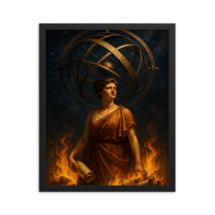 Hypatia beneath celestial armillary and burning scrolls framed print on a plain backdrop in size 16"x20".