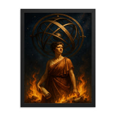 Hypatia beneath celestial armillary and burning scrolls framed print on a plain backdrop in size 18"x24".