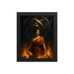 Hypatia beneath celestial armillary and burning scrolls framed print on a plain backdrop in size 8"x10".