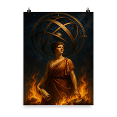 Hypatia beneath celestial armillary and burning scrolls poster on a plain backdrop in size 8"x10".