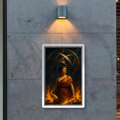 Hypatia beneath celestial armillary and burning scrolls poster 2