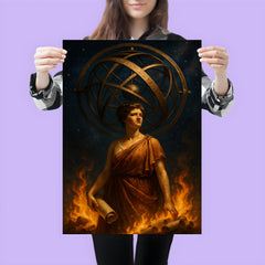 Hypatia beneath celestial armillary and burning scrolls poster 3