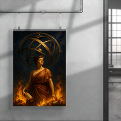 Hypatia beneath celestial armillary and burning scrolls poster 4