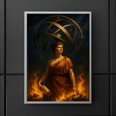 Hypatia beneath celestial armillary and burning scrolls poster 5