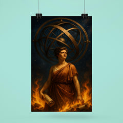 Hypatia beneath celestial armillary and burning scrolls poster 6