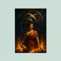 Hypatia beneath celestial armillary and burning scrolls poster 8
