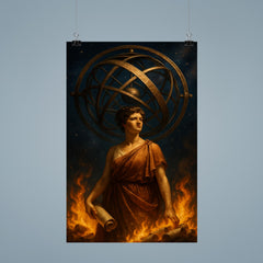 Hypatia beneath celestial armillary and burning scrolls poster 9