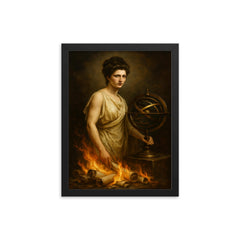 Hypatia beside armillary sphere and burning scrolls framed print on a plain backdrop in size 12"x16".