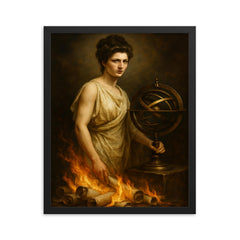 Hypatia beside armillary sphere and burning scrolls framed print on a plain backdrop in size 16"x20".