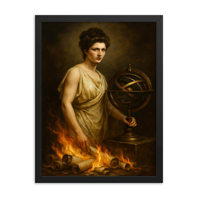 Hypatia beside armillary sphere and burning scrolls framed print on a plain backdrop in size 18