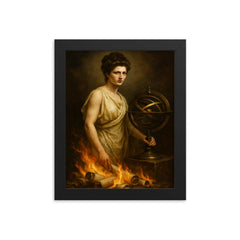 Hypatia beside armillary sphere and burning scrolls framed print on a plain backdrop in size 8"x10".