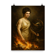 Hypatia beside armillary sphere and burning scrolls poster on a plain backdrop in size 8"x10".