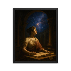 Hypatia in Alexandrian library starlight framed print on a plain backdrop in size 16"x20".