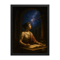 Hypatia in Alexandrian library starlight framed print on a plain backdrop in size 18"x24".