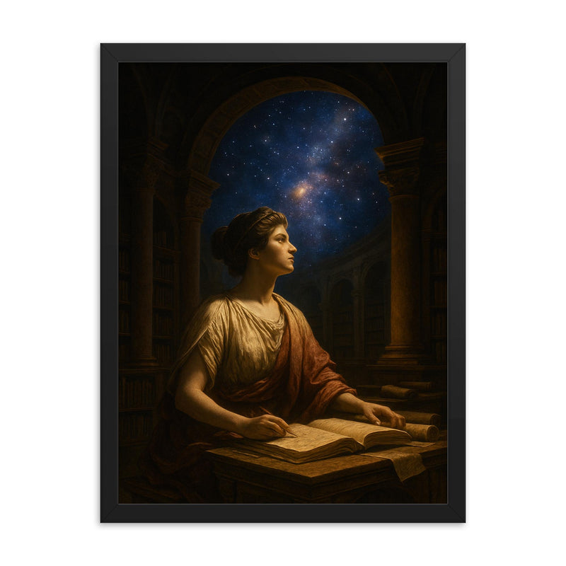 Hypatia in Alexandrian library starlight framed print on a plain backdrop in size 18
