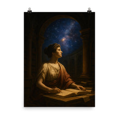 Hypatia in Alexandrian library starlight poster on a plain backdrop in size 8"x10".