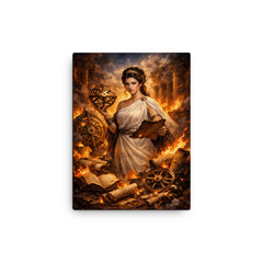 Hypatia of Alexandria among burning scrolls and astrolabes canvas print on a plain backdrop in size 12"x16".