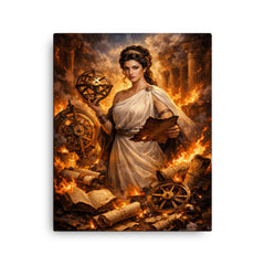 Hypatia of Alexandria among burning scrolls and astrolabes canvas print on a plain backdrop in size 16"x20".