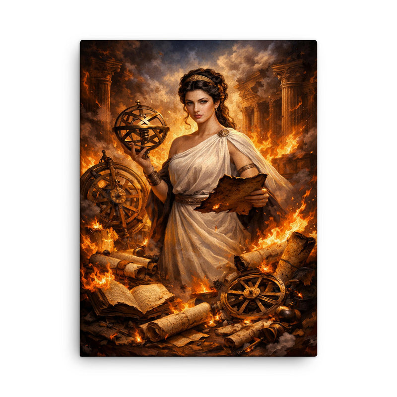 Hypatia of Alexandria among burning scrolls and astrolabes canvas print on a plain backdrop in size 18